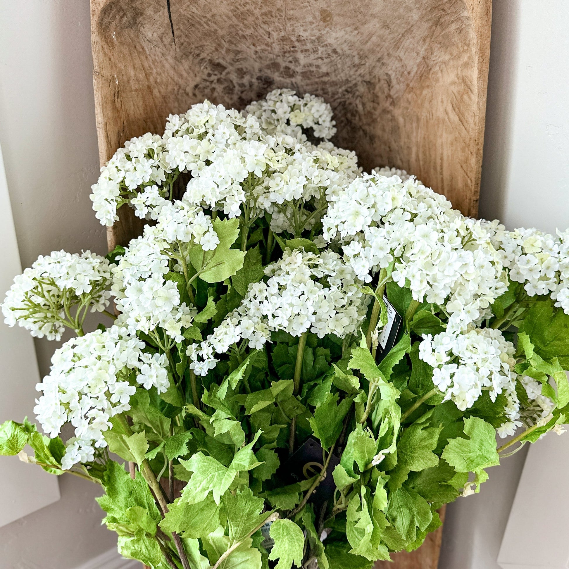 White flowers and green leaves on a wooden chair against a white wall