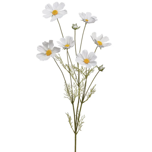 Artificial cosmo flower stem with white flowers and yellow centers on a white background 36 inches