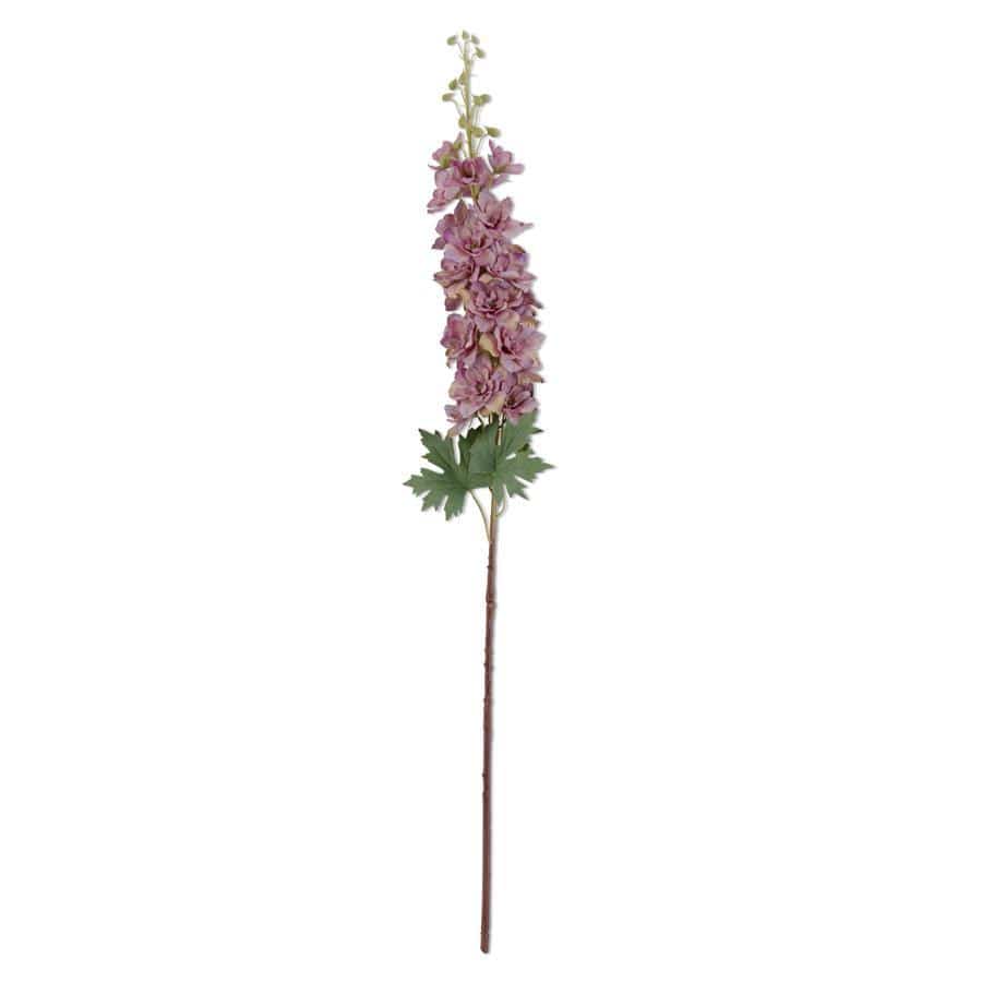 Artificial delphinium stem with purple flowers and green leaves