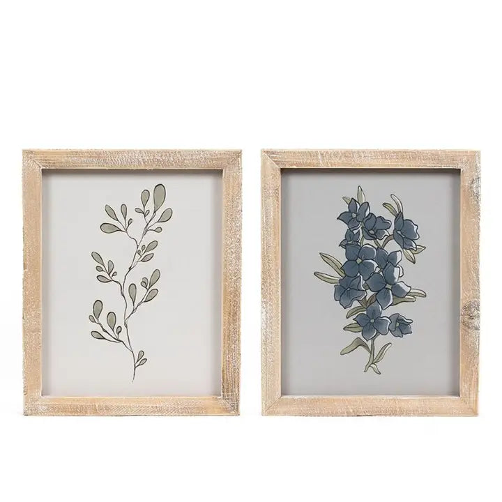 Two Sided Framed Botanical Wall Art with Rustic Wood Frame 9" x 11"