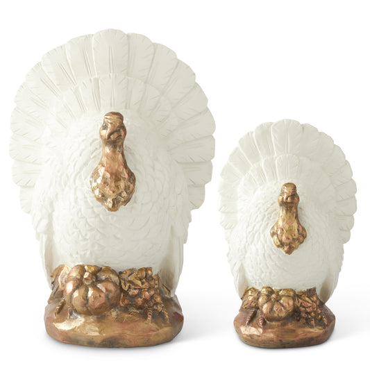 Set of Two Cream & Copper Resin Turkeys