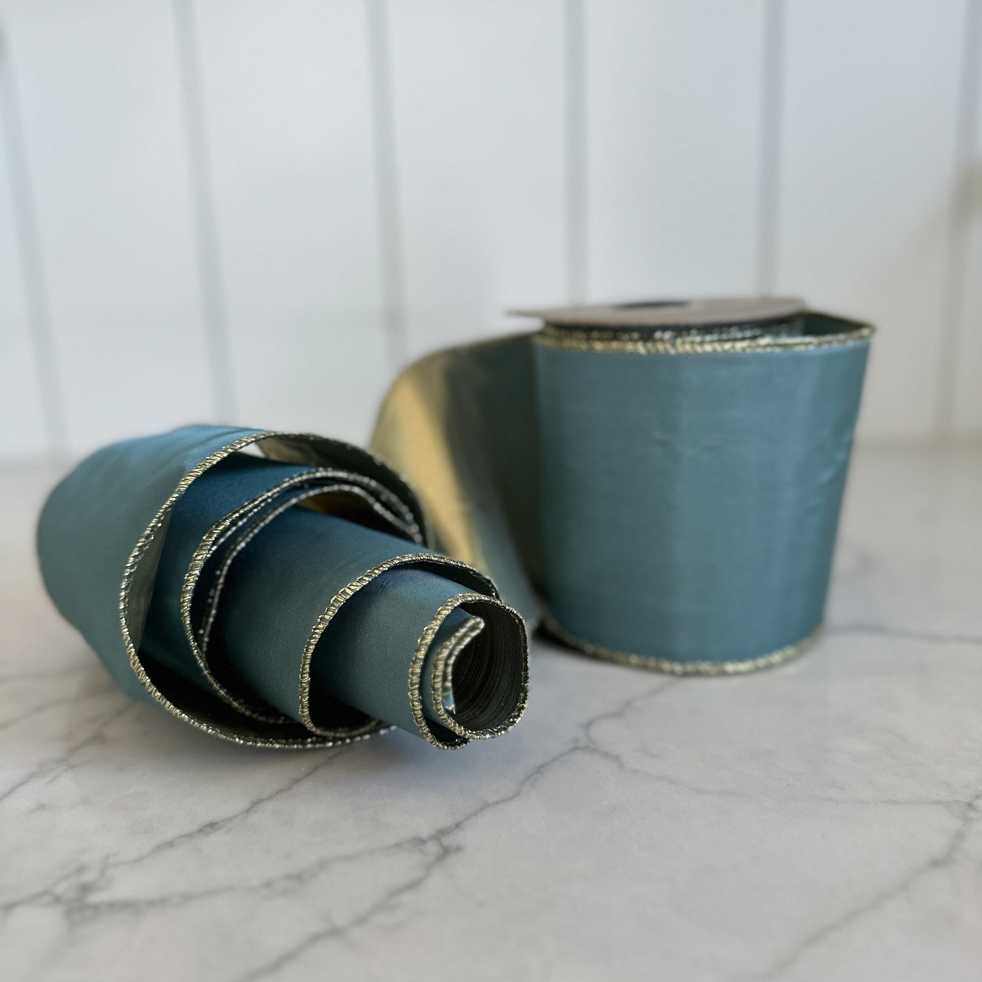 4" Dark Teal Blue Ribbon with Gold Trim