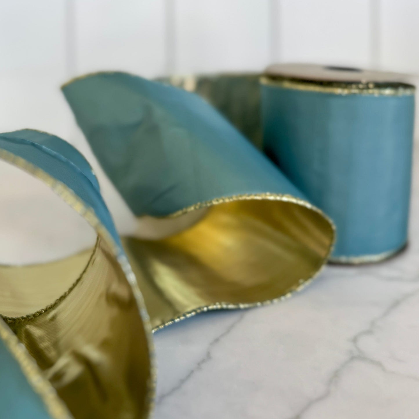 4" Dark Teal Blue Ribbon with Gold Trim