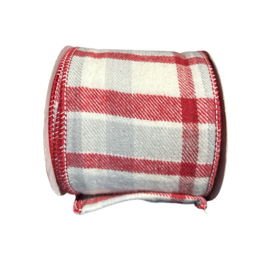 4" RED, WHITE, AND GRAY PLAID FLANNEL WIRED RIBBON