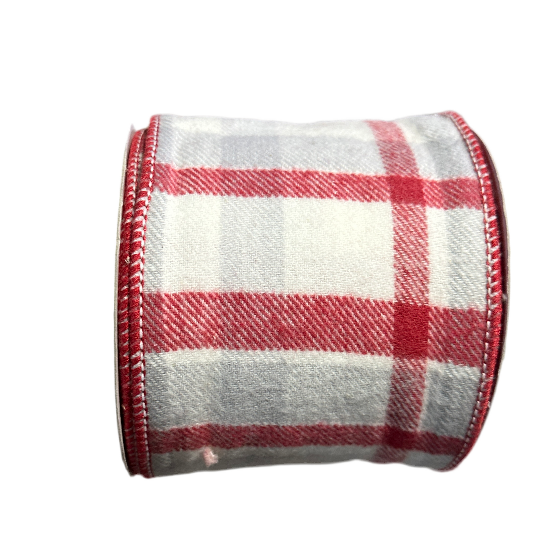 4" RED, WHITE, AND GRAY PLAID FLANNEL WIRED RIBBON