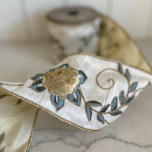 4" White Ribbon with Blue and Gold Floral Detail