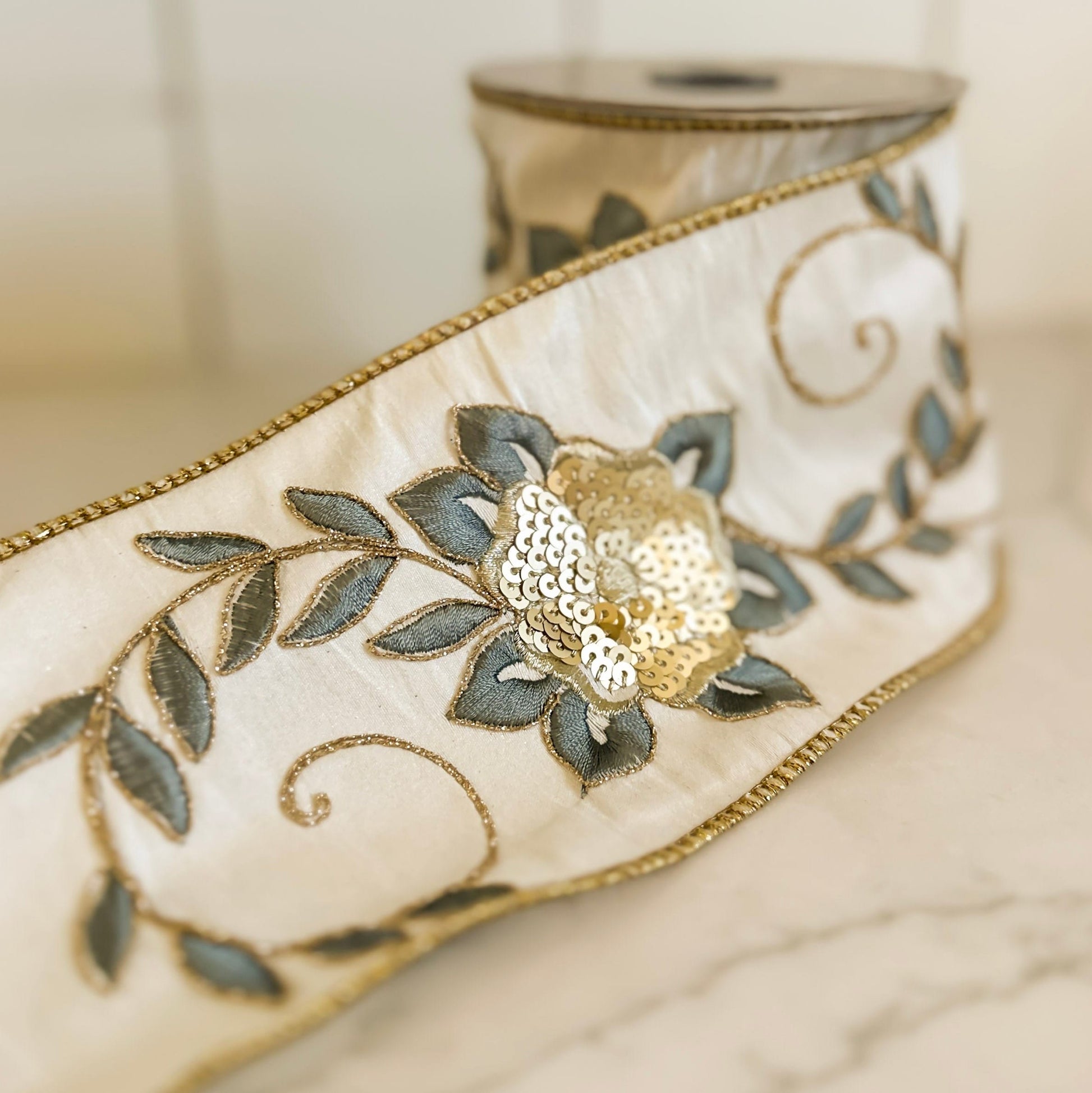 4" White Ribbon with Blue and Gold Floral Detail