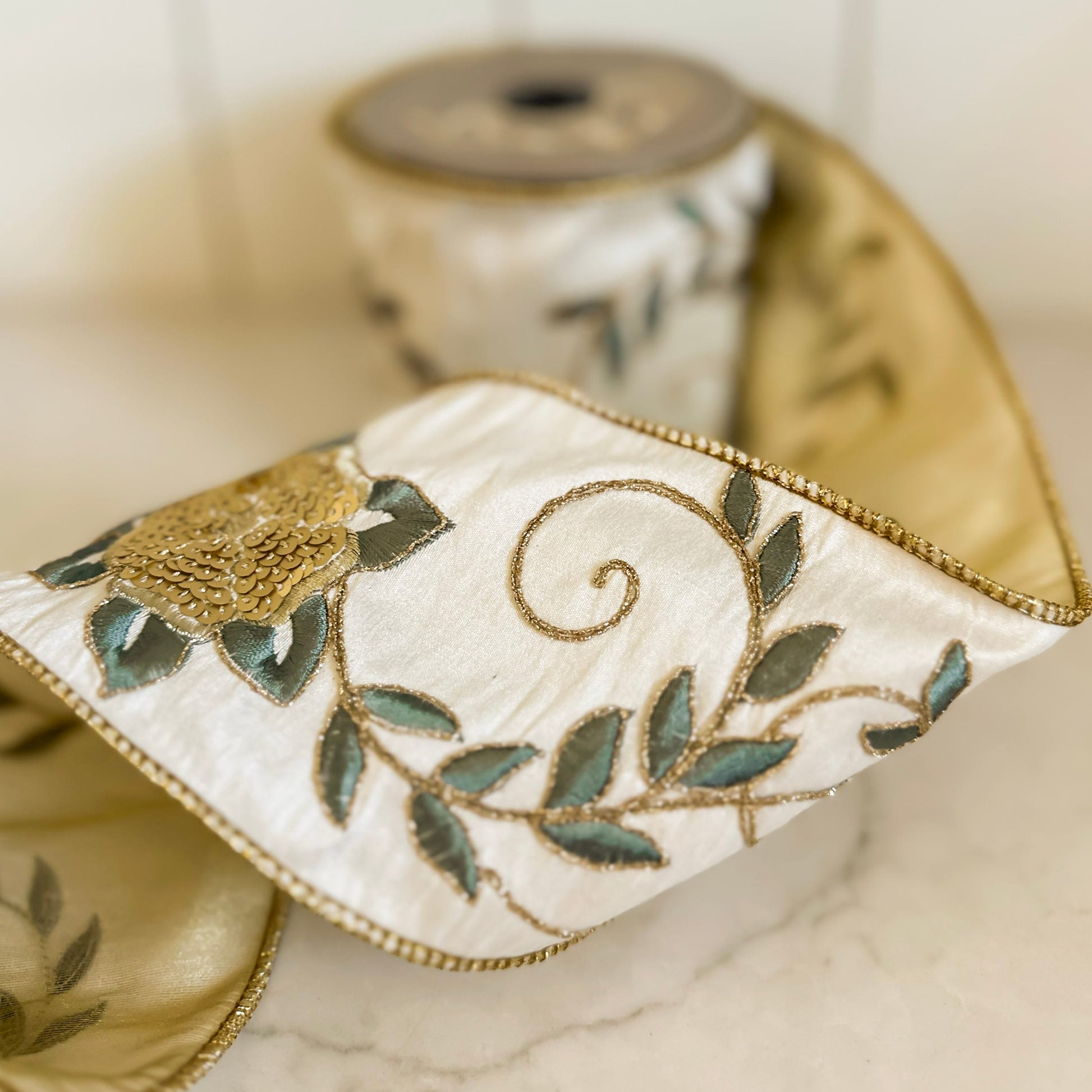 4" White Ribbon with Blue and Gold Floral Detail