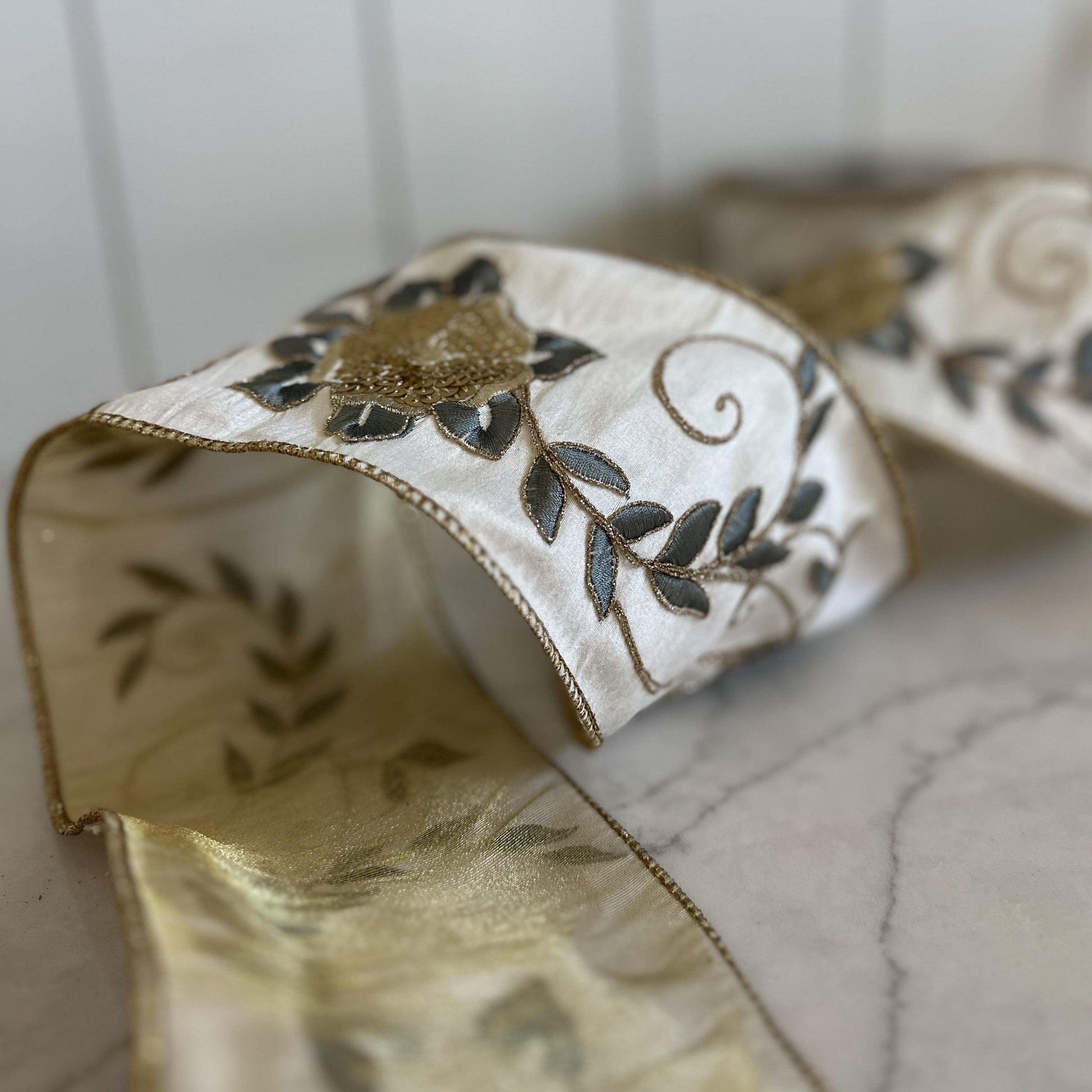 4" White Ribbon with Blue and Gold Floral Detail