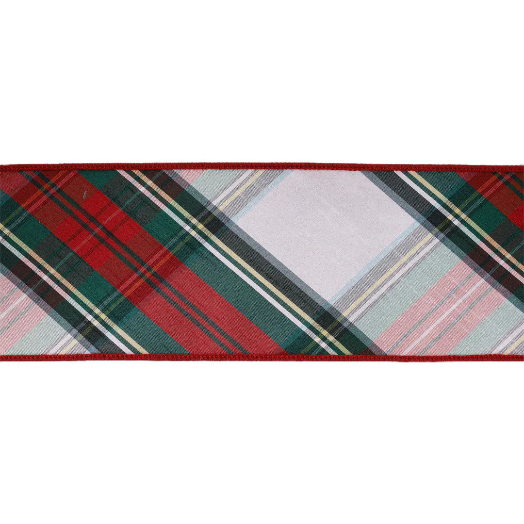 4" Wired Dupioni Ribbon | Burgundy Red/Green/White Plaid Bias Cut | 5 Yard Roll