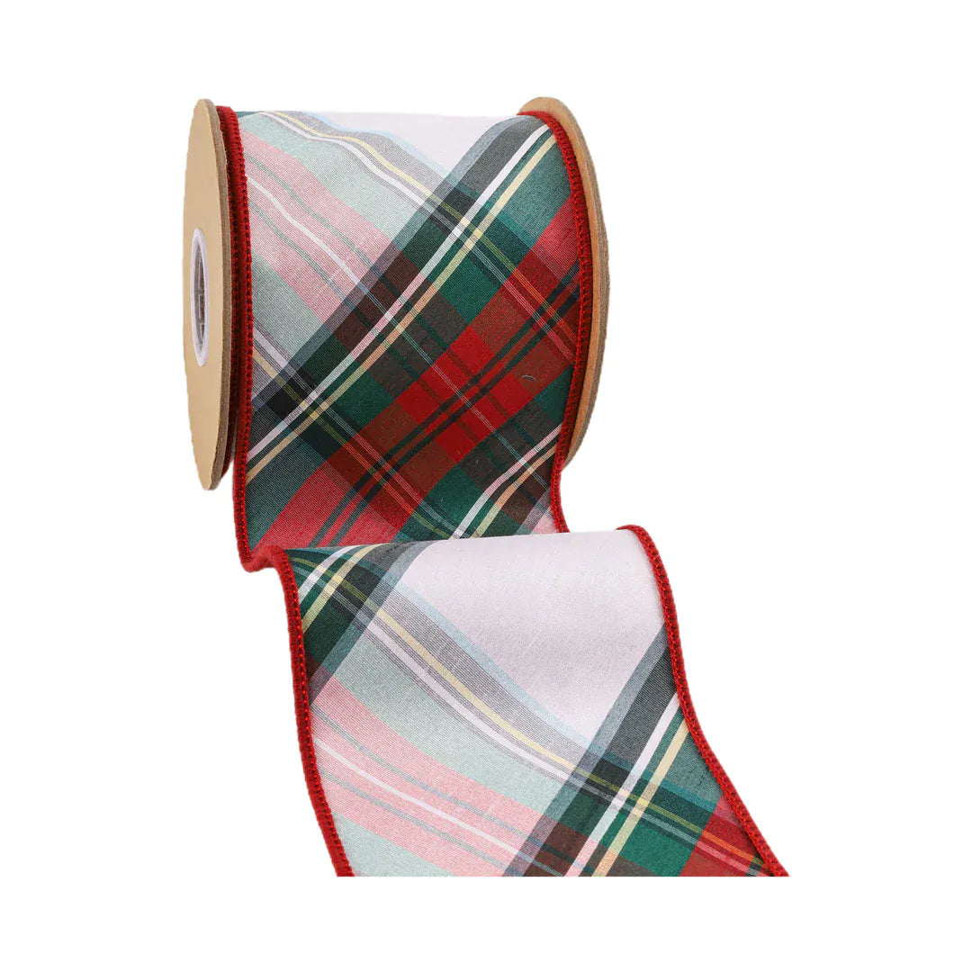 4" Wired Dupioni Ribbon | Burgundy Red/Green/White Plaid Bias Cut | 5 Yard Roll