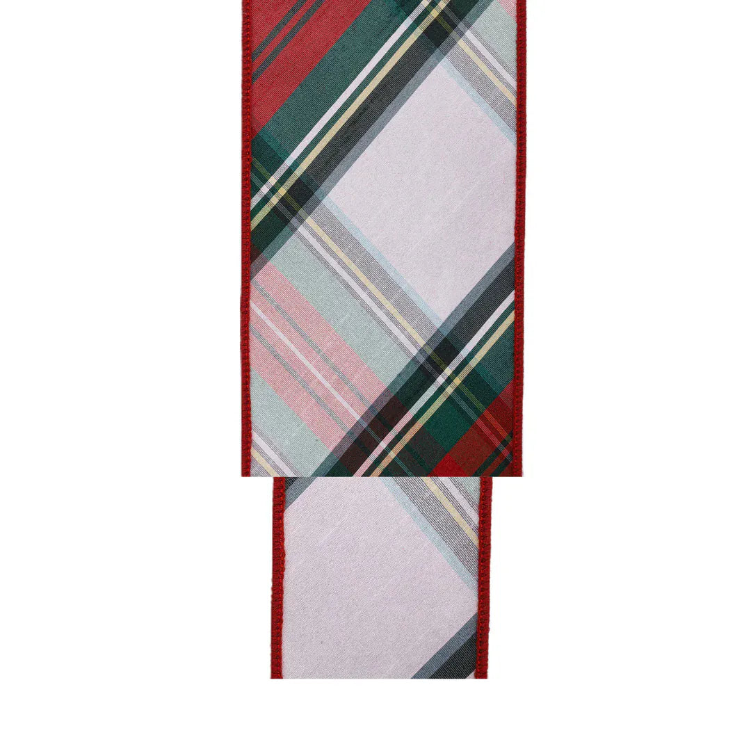 4" Wired Dupioni Ribbon | Burgundy Red/Green/White Plaid Bias Cut | 5 Yard Roll