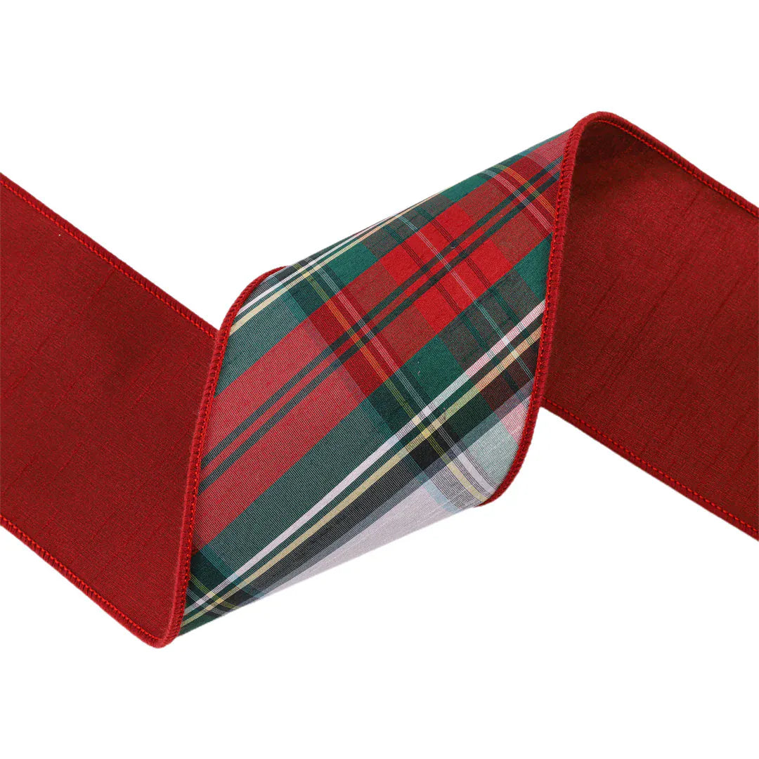 4" Wired Dupioni Ribbon | Burgundy Red/Green/White Plaid Bias Cut | 5 Yard Roll