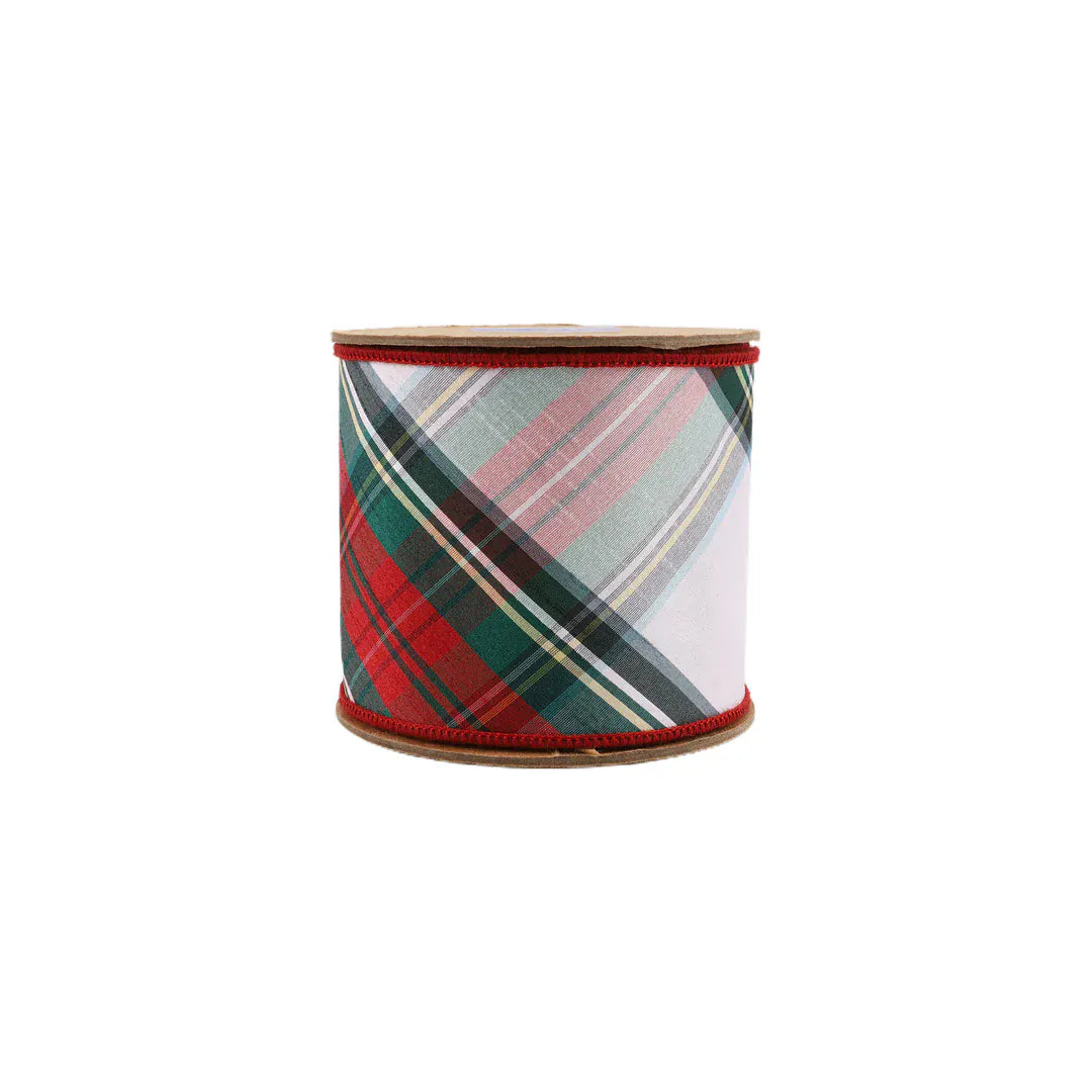 4" Wired Dupioni Ribbon | Burgundy Red/Green/White Plaid Bias Cut | 5 Yard Roll