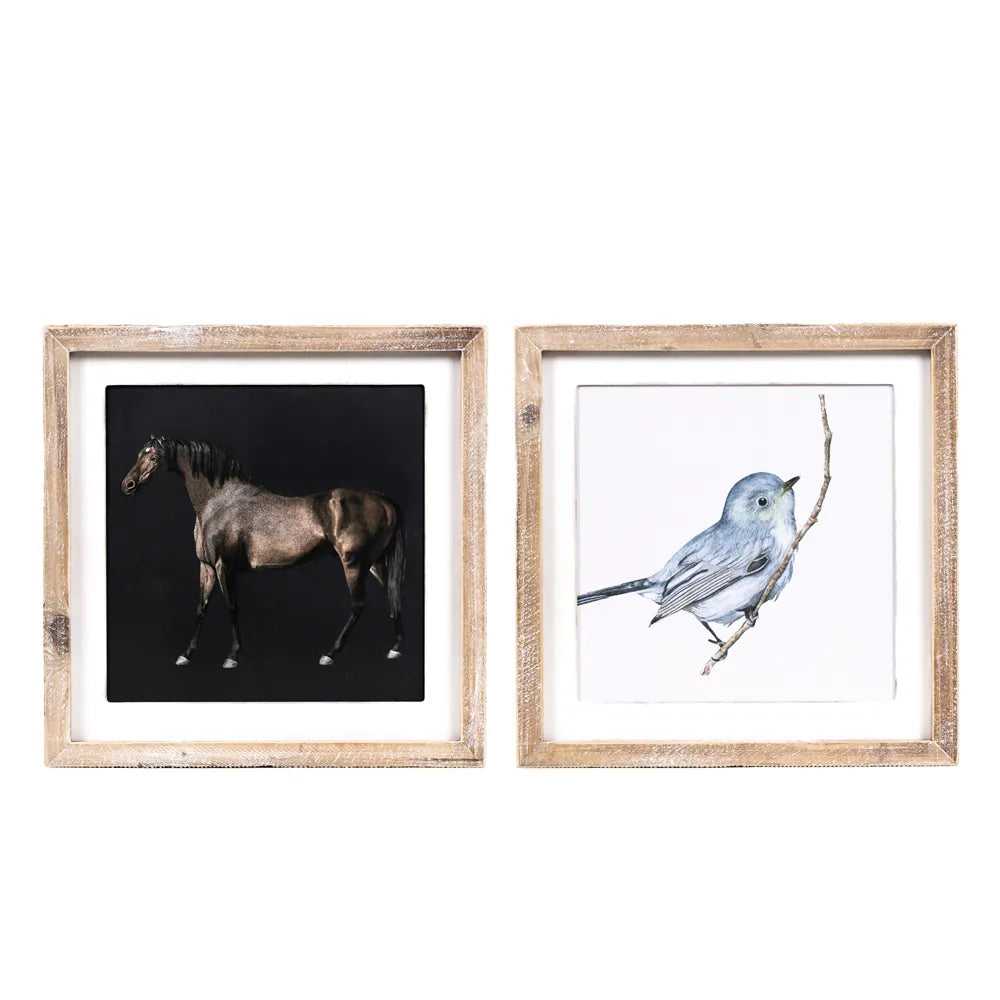 Reversible Framed Art Horse and Bird Portrait with Distressed Wood Frame 13" x 13"