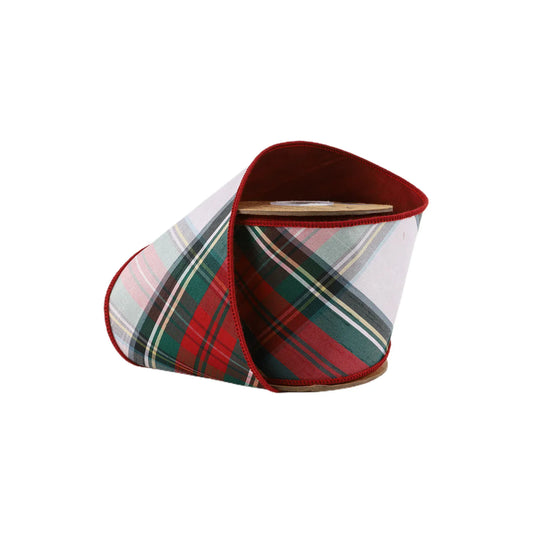 4" Wired Dupioni Ribbon | Burgundy Red/Green/White Plaid Bias Cut | 5 Yard Roll