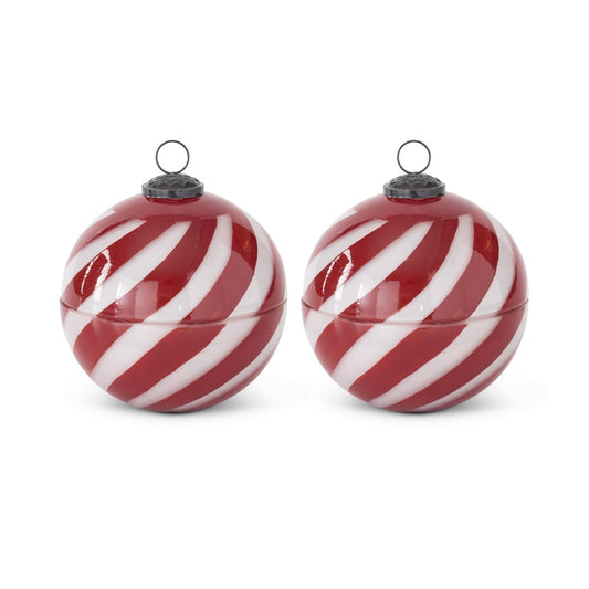 5 INCH RED & WHITE STRIPED FILLED ORNAMENT CANDLES (2 SCENTS)