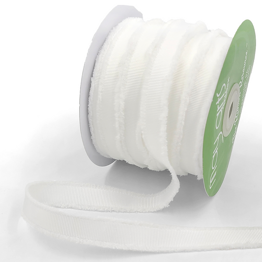 A spool of white fuzzy grosgrain ribbon with a fibrous edge, on a white background.