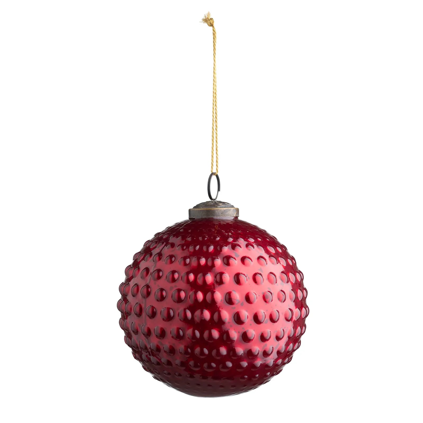 A 5 inch round Ruby Mercury Glass Ornament with a hobnail texture and ruby red color, hanging by a gold string.