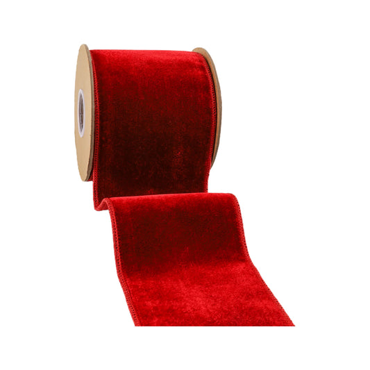 4" Wired Premium Velvet Ribbon | Red w/ Red Metallic Dupioni Backing | 5 Yard Roll