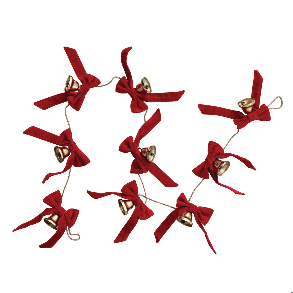 72" Metal Bell Garland with Red Cotton Velvet Bows - Gold Finish