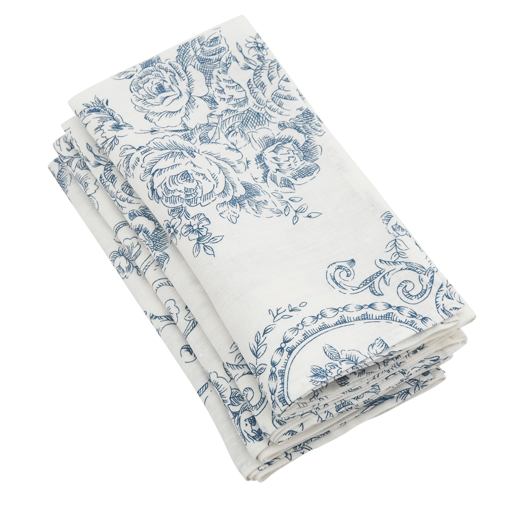 Indigo Toile Floral White 100% Linen Cloth Napkin Set of 4