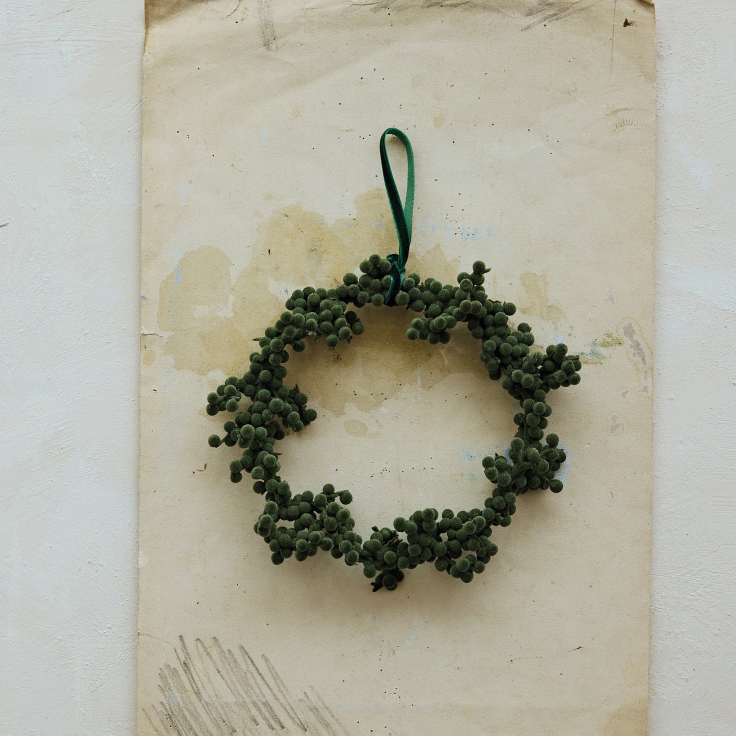 8" Green Flocked Foam Ball Wreath with Velvet Ribbon Hanger