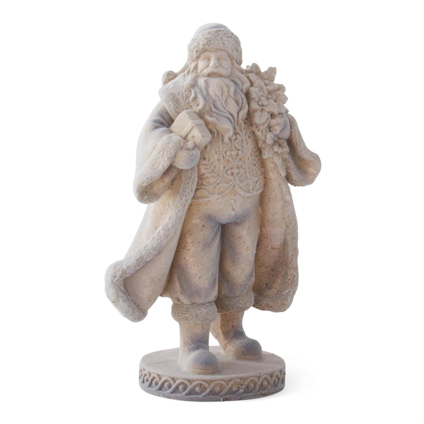 Statue of a bearded figure in a long coat holding a bag on a white background