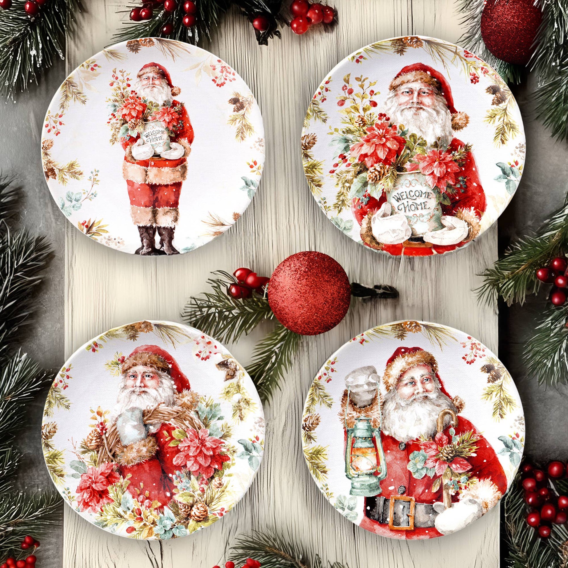 Four Christmas-themed plates with Santa Claus designs on a wooden surface with festive decorations.
