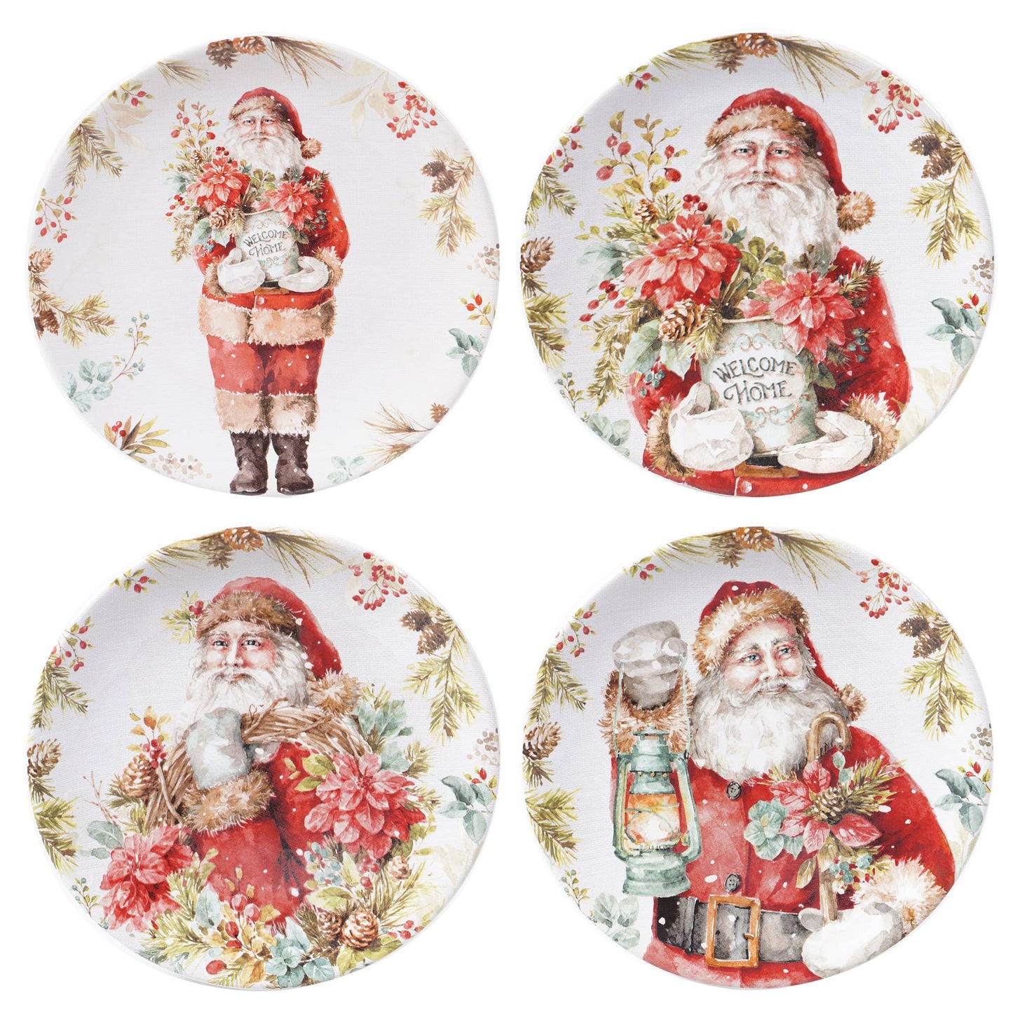 Four decorative plates featuring illustrations of a Santa Claus character with floral and winter-themed elements.