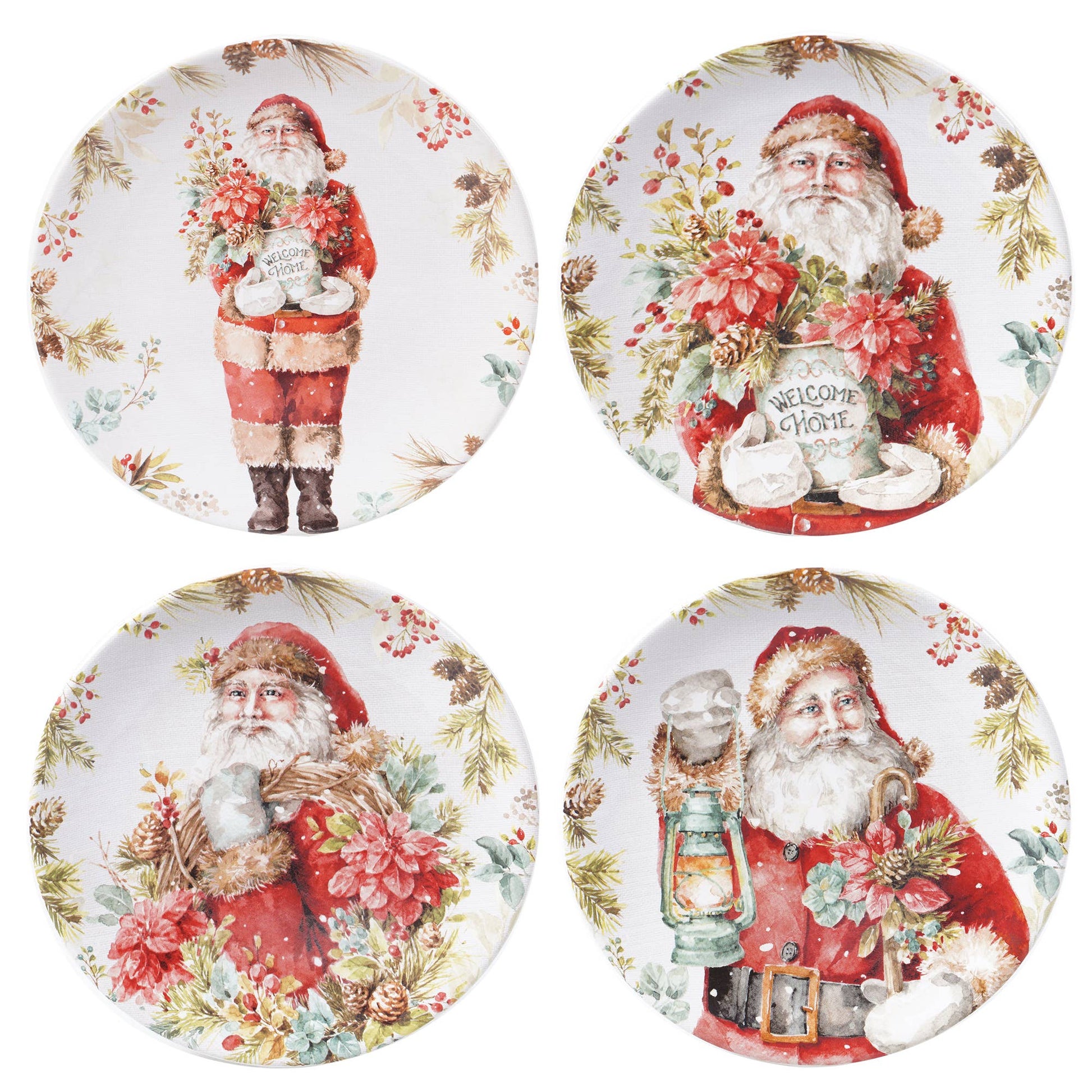 Four decorative plates featuring illustrations of a Santa Claus character with floral and winter-themed elements.