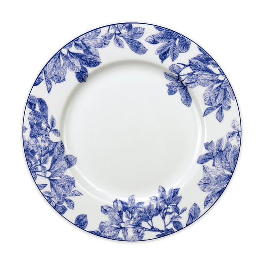 White plate with blue floral pattern on a white background