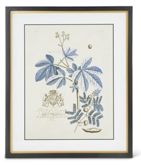 Framed botanical illustration with blue leaves and gold accents on a white background