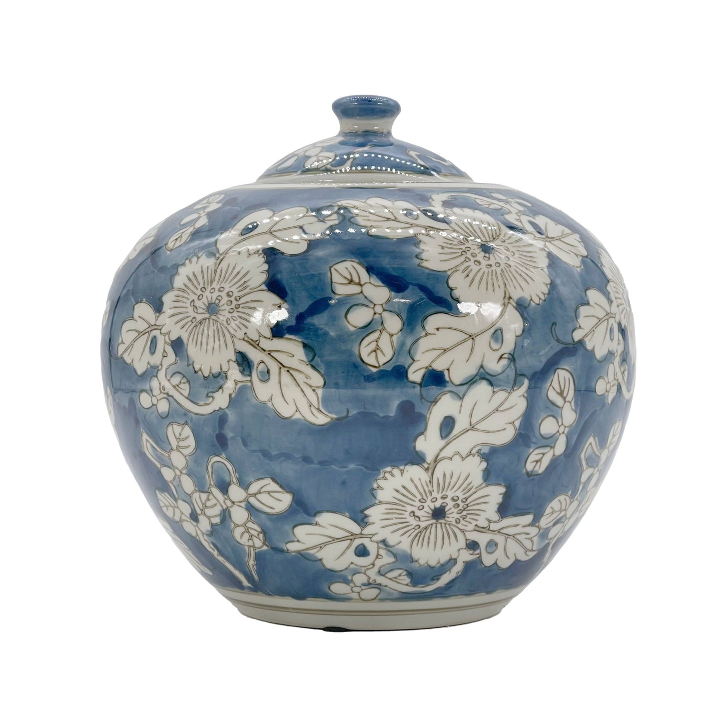 Blue ceramic vase with white floral patterns on a white background Blue & White Chinoiserie Ceramic Jar 8"