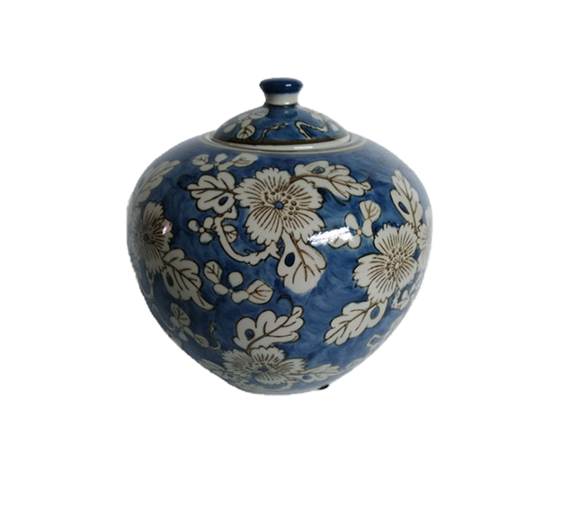Blue ceramic jar with white floral patterns on a white background Blue & White Chinoiserie Ceramic Jar 8"