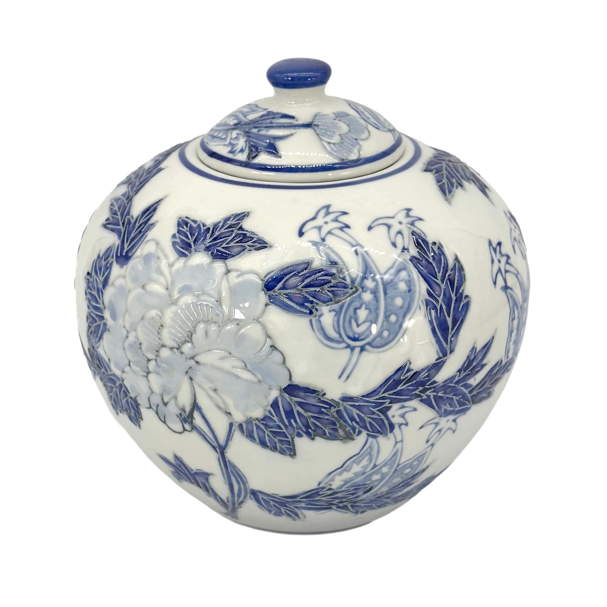 Blue and white ceramic jar with floral patterns on a white background Blue & White Floral Ceramic Chinoiserie Ginger Jar 8"