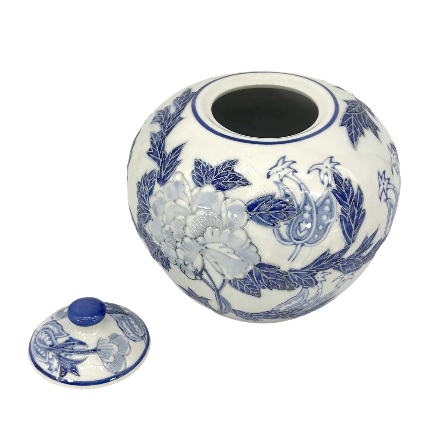 Ceramic jar with blue floral patterns on a white background