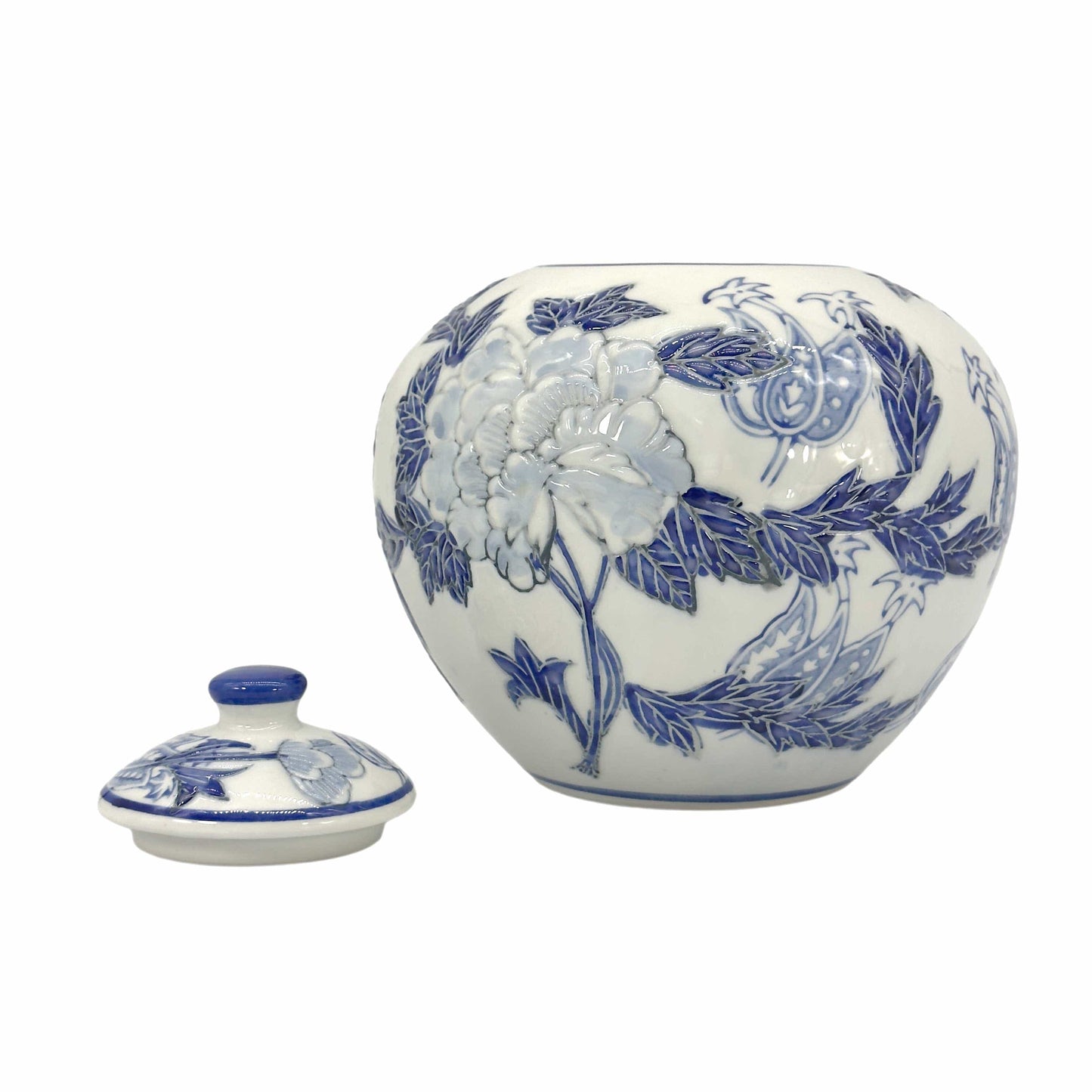 Ceramic jar with blue floral patterns on a white background
