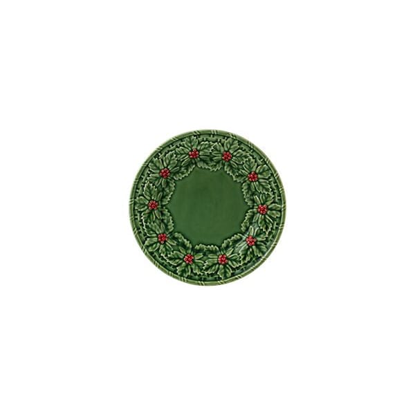 Green decorative plate with a floral design on a white background