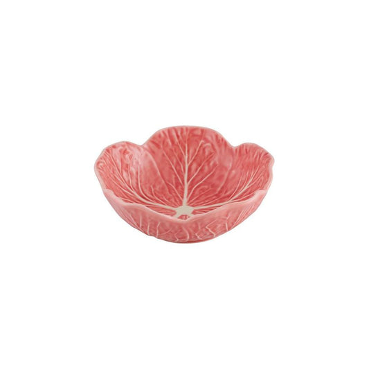 Pink ceramic bowl shaped like a cabbage leaf on a white background