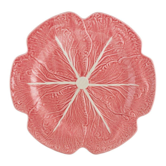 Pink floral-patterned cabbage plate on a white background