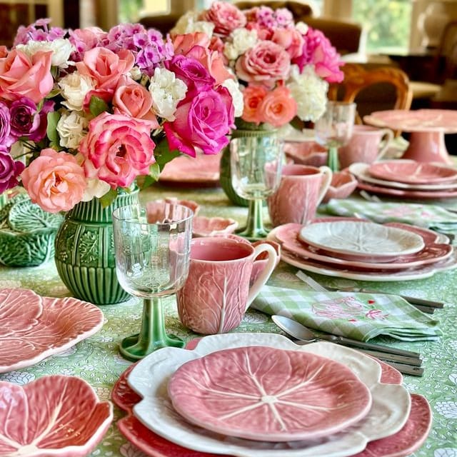 Decorative table setting with pink floral arrangements, cabbage dishes, and glasses on a green tablecloth.