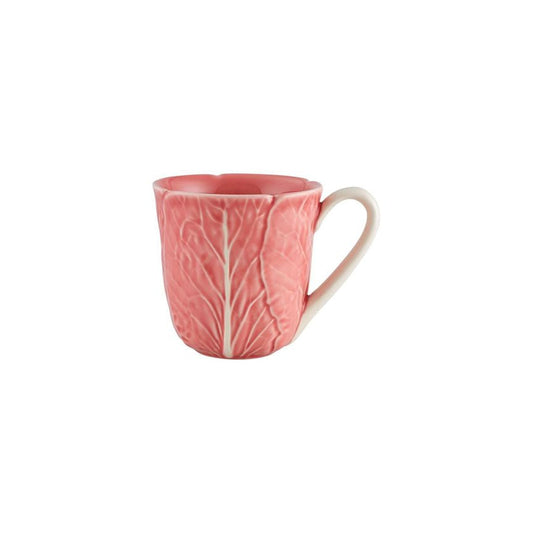 Pink mug with cabbage pattern on a white background