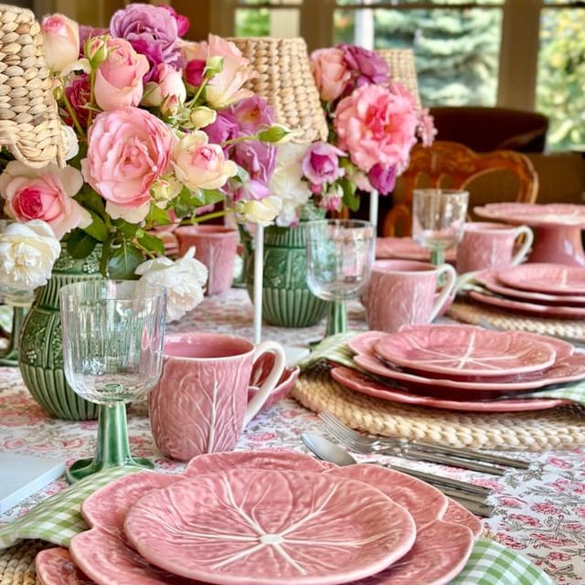 Pink tableware set with floral arrangements on a decorated table