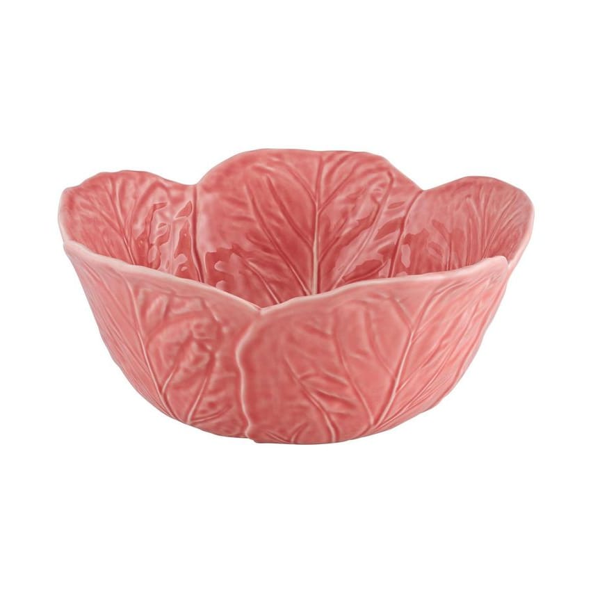 Pink ceramic bowl with cabbage leaf design on a white background