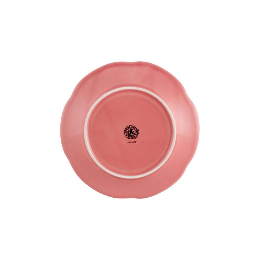 Pink ceramic plate with a logo on a white background