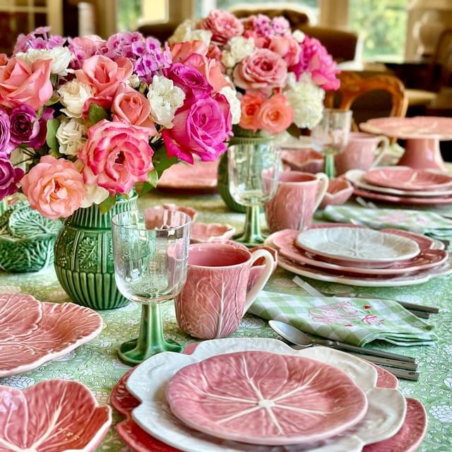 Decorative table setting with pink floral arrangements, plates, and glasses on a green tablecloth.