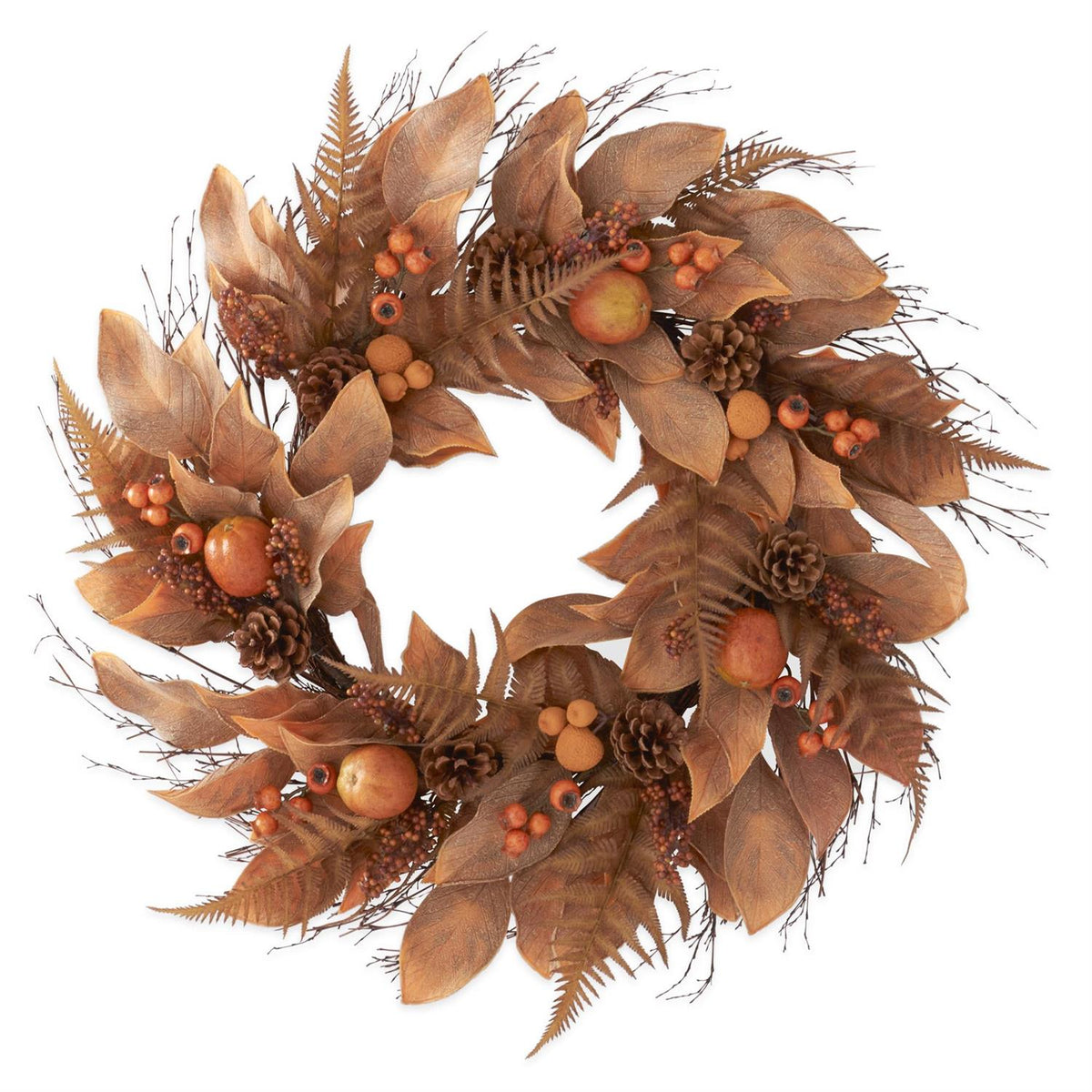 30" Brown & Orange Fern and Magnolia Wreath – Fall Decor