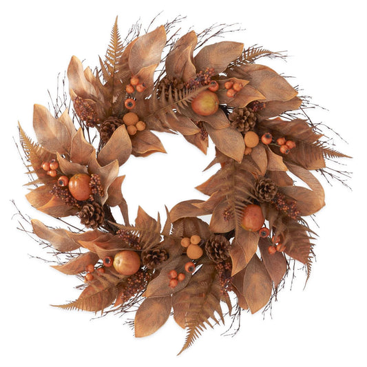 30" Brown & Orange Fern and Magnolia Wreath – Fall Decor