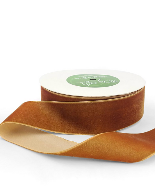 Brown  burnt orange. velvet ribbon nd label.